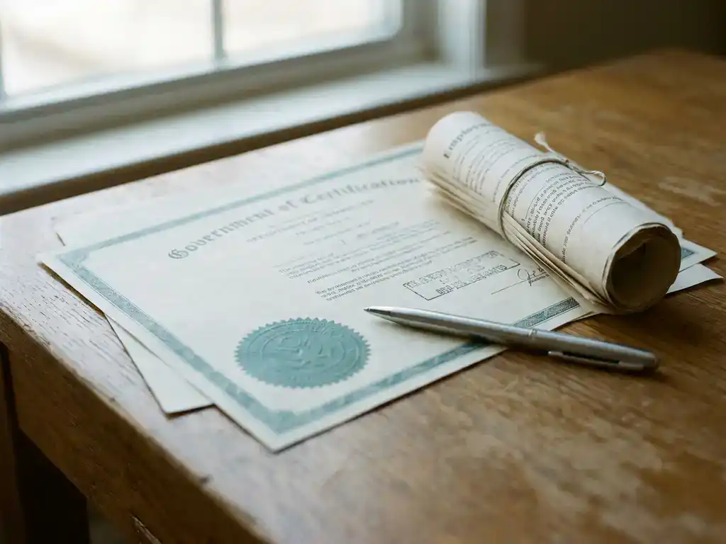 Officieel gecertificeerd overheidsdocument op eikenhouten bureau naast arbeidscontracten en een zilveren pen, zacht noordelijk daglicht.