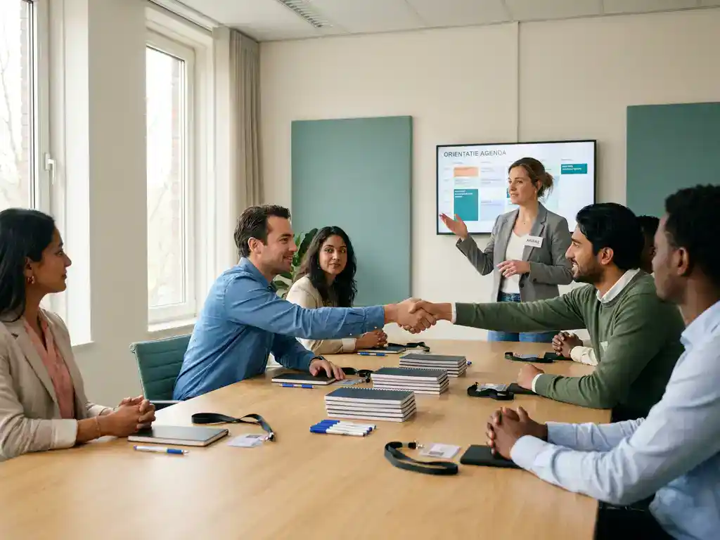 Diverse groep nieuwe medewerkers ontvangt onboardingdocumenten en toegangspassen van een HR-coördinator in een modern Nederlands kantoor.