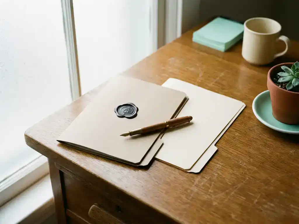 HR-bureau eiken bureau met twee arbeidscontractmappen naast elkaar, pen erop, vetplantje en zacht noordelijk daglicht.