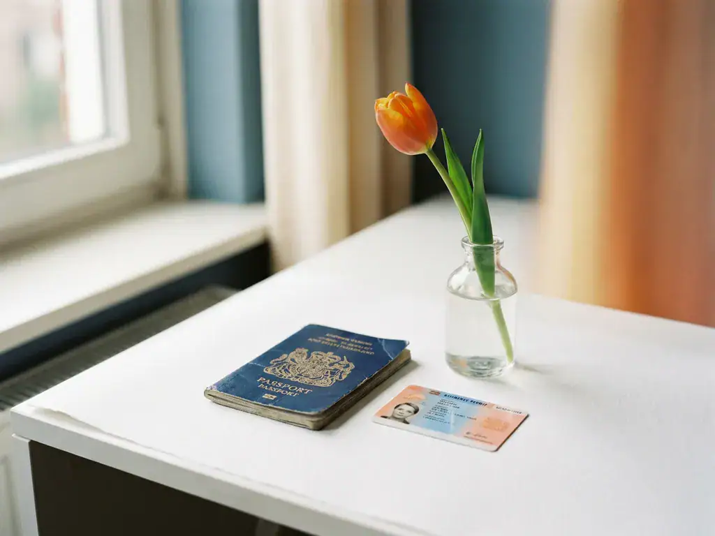 Versleten EU-paspoort en Nederlands verblijfsdocument op wit bureau naast een tulp in glazen vaasje, zacht natuurlijk licht.