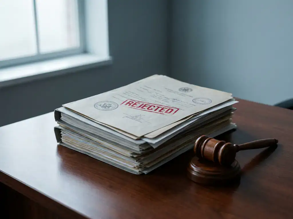 Stapel werkvergunningen op bureaublad, één document met rood afkeurstempel en kleine rechtershamer ernaast.