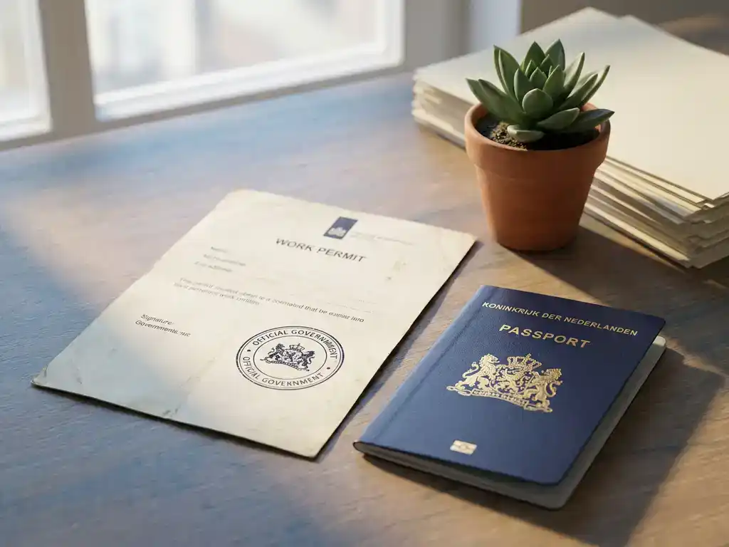 Werkvergunning met officieel stempel naast Nederlands paspoort op kantoorbureau, zachte natuurlijke belichting.