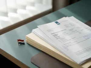 Officiële Nederlandse arbeidsovereenkomst en loonstrook op modern bureau, met een klein Dutch flag pin ernaast.