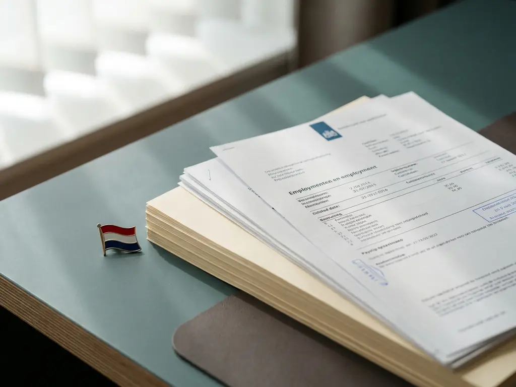 Officiële Nederlandse arbeidsovereenkomst en loonstrook op modern bureau, met een klein Dutch flag pin ernaast.