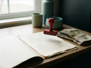 Opengeslagen arbeidscontract op kantoorbureau met rood officieel stempel en versleten werkhandschoenen ernaast.
