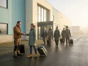 Diverse arbeidsmigranten met koffers begroeten een recruiter bij de ingang van een industrieel bedrijf in Noord-Nederland.