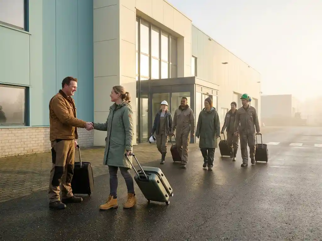 Diverse arbeidsmigranten met koffers begroeten een recruiter bij de ingang van een industrieel bedrijf in Noord-Nederland.