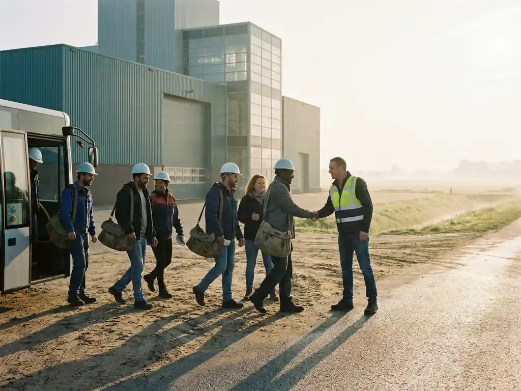 Arbeidsmigranten met helmen en tassen worden begroet door een coördinator op een Nederlands industrieterrein bij gouden-uurlicht.