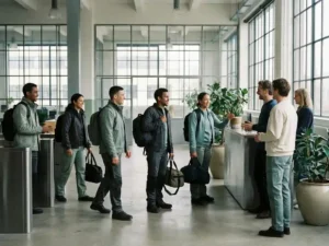 Arbeidsmigranten met werkkleding en tassen komen aan in een moderne Nederlandse industriële werkruimte, verwelkomd door ochtendlicht.