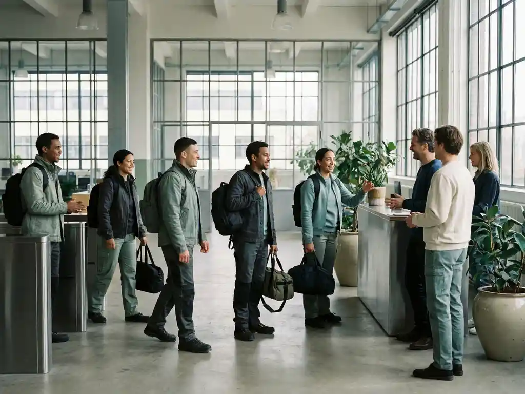 Arbeidsmigranten met werkkleding en tassen komen aan in een moderne Nederlandse industriële werkruimte, verwelkomd door ochtendlicht.