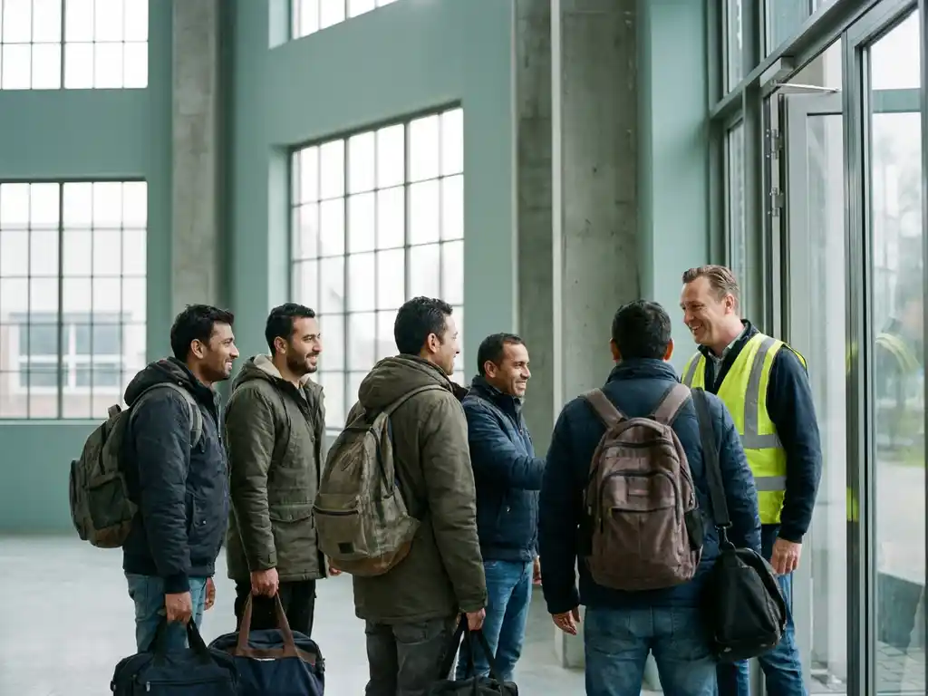 Diverse arbeidsmigranten worden verwelkomd bij de ingang van een Nederlands industrieel bedrijf op hun eerste werkdag.