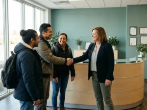 HR-medewerker begroet diverse arbeidsmigranten met handdruk bij receptie van modern uitzendbureau.
