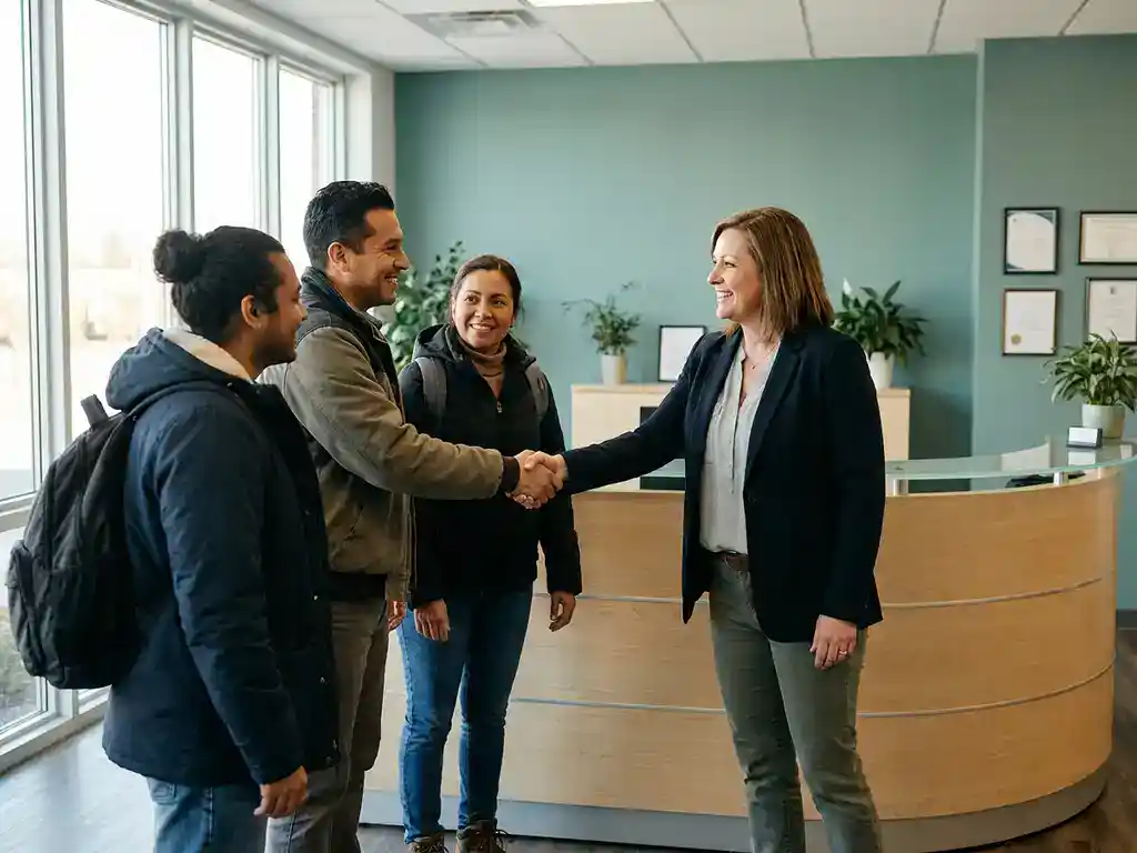 HR-medewerker begroet diverse arbeidsmigranten met handdruk bij receptie van modern uitzendbureau.