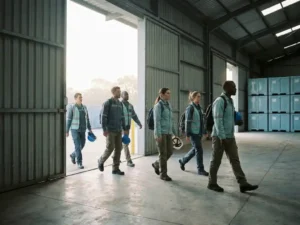 Diverse arbeidsmigranten in werkkleding arriveren bij een moderne Nederlandse logistieke loods met ochtendlicht door industriële deuren.