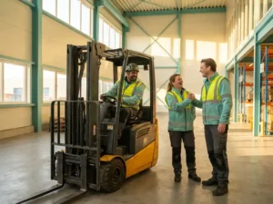 Arbeidsmigrант werkt samen met collega's in een moderne Nederlandse logistieke loods, warm natuurlijk licht.