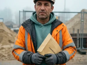 Arbeidsmigrант in bouwkleding houdt loonzakje vast op Nederlandse bouwplaats, mistige ochtend op de achtergrond.