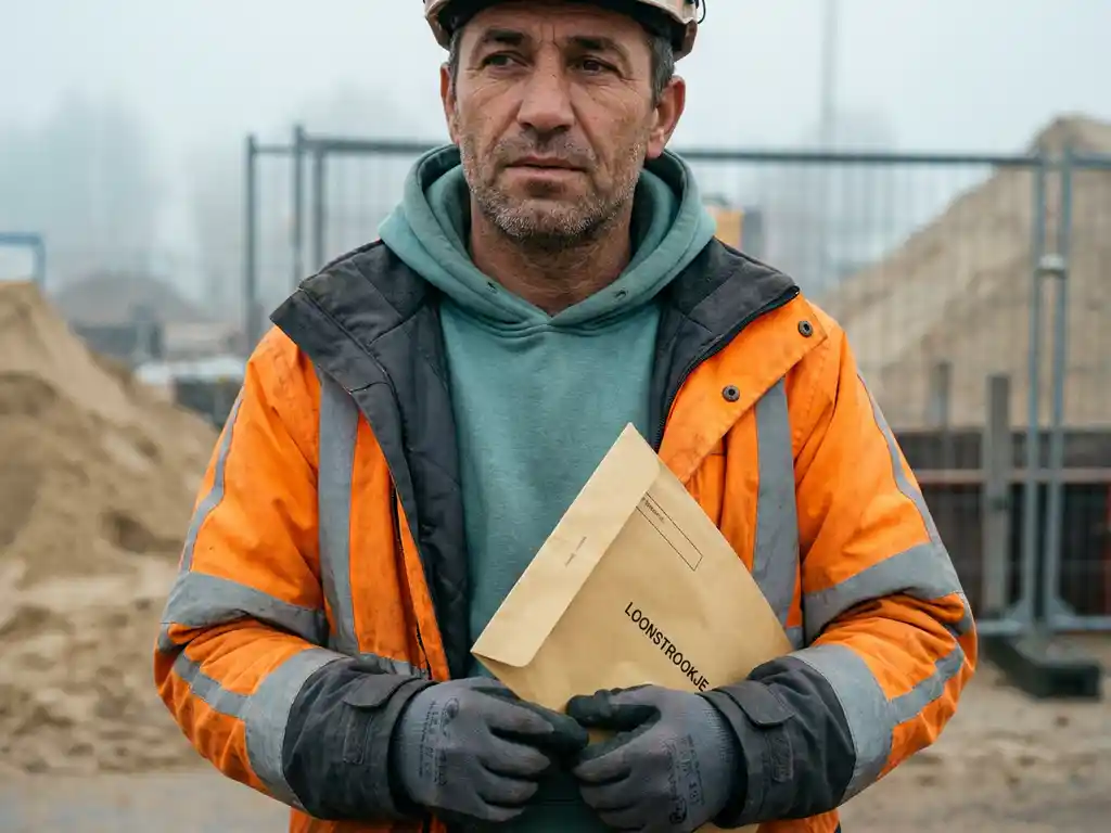 Arbeidsmigrант in bouwkleding houdt loonzakje vast op Nederlandse bouwplaats, mistige ochtend op de achtergrond.