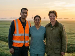 Diverse groep arbeiders in logistiek, zorg en landbouw samen in Nederlands polderlandschap tijdens gouden uur.