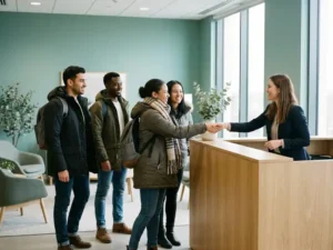Arbeidsmigranten worden verwelkomd door een uitzendconsulent aan een moderne receptiebalie in een hedendaags Nederlands kantoor.