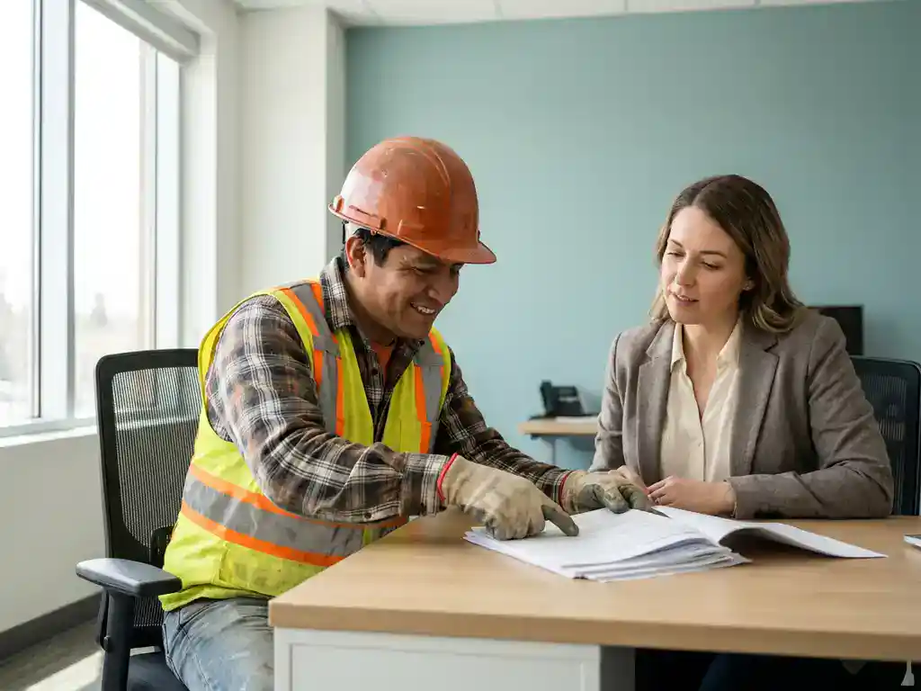 Arbeidsmigrант in veiligheidshelm bespreekt documenten met uitzendconsulent aan modern bureau in licht kantoor.