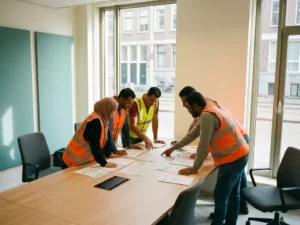 Diverse groep arbeidsmigranten in veiligheidsvesten bekijkt arbeidscontracten aan werktafel in modern Nederlands kantoor.