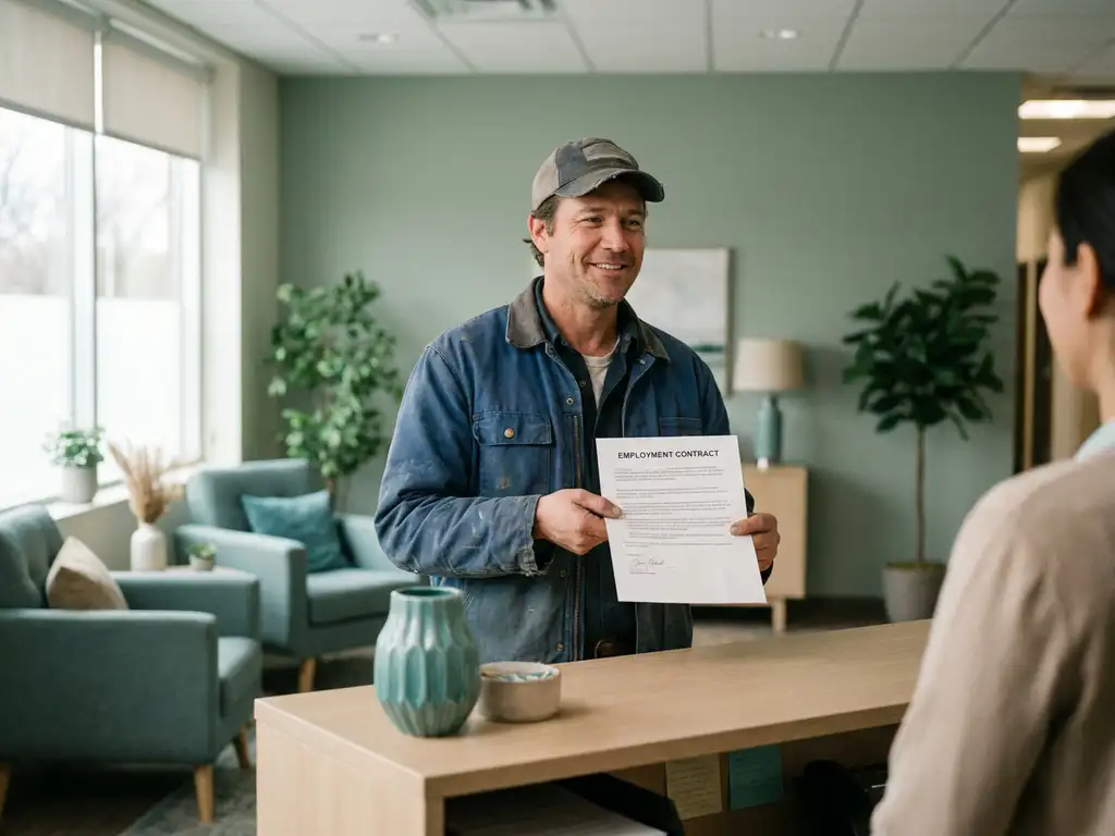 Arbeidsmigrант houdt ondertekend arbeidscontract vast aan receptiebalie van uitzendbureau, opluchting zichtbaar op zijn gezicht.