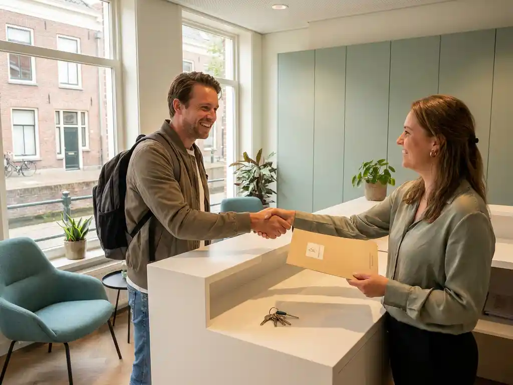 Arbeidsmigrант ontvangt huissleutels en informatiemap aan receptiebalie van Nederlands adviesbureau met uitzicht op gracht.
