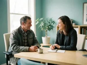 Arbeidsmigrант in gesprek met recruitmentconsulent aan modern bureau, warme sfeer met notitieboekje en koffiekopje, natuurlijk raamlicht.