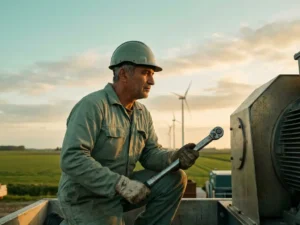 Arbeidsmigrante technicus in werkoverall met gereedschap op industriële locatie, vlak groen Gronings landschap op de achtergrond.