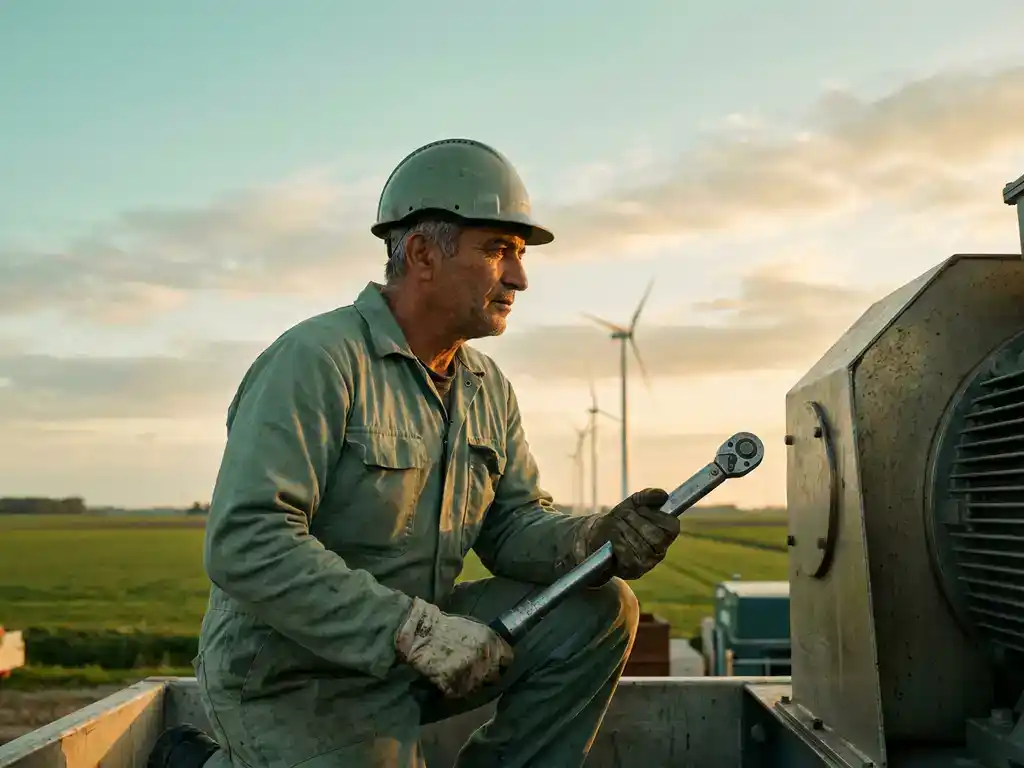 Arbeidsmigrante technicus in werkoverall met gereedschap op industriële locatie, vlak groen Gronings landschap op de achtergrond.