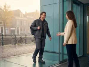 Arbeidsmigrант in werkkleding wordt verwelkomd bij een modern kantoorgebouw in Groningen, grachten zichtbaar op de achtergrond.