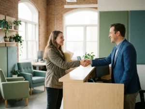 Jonge arbeidsmigrант aan receptiebalie begroet door recruiter in licht Gronings kantoor met salie-groene accenten en natuurlijk daglicht.