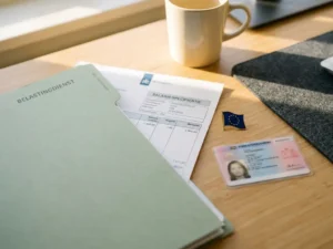 Nederlandstalig belastingdocument en loonstrook op bureau met werkvergunning, Europese vlagspeld en zacht natuurlijk licht.