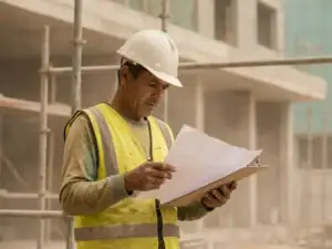 Migrerende bouwvakker in veiligheidsvest en helm bestudeert document op bouwplaats met steigers en betonstructuur op achtergrond.