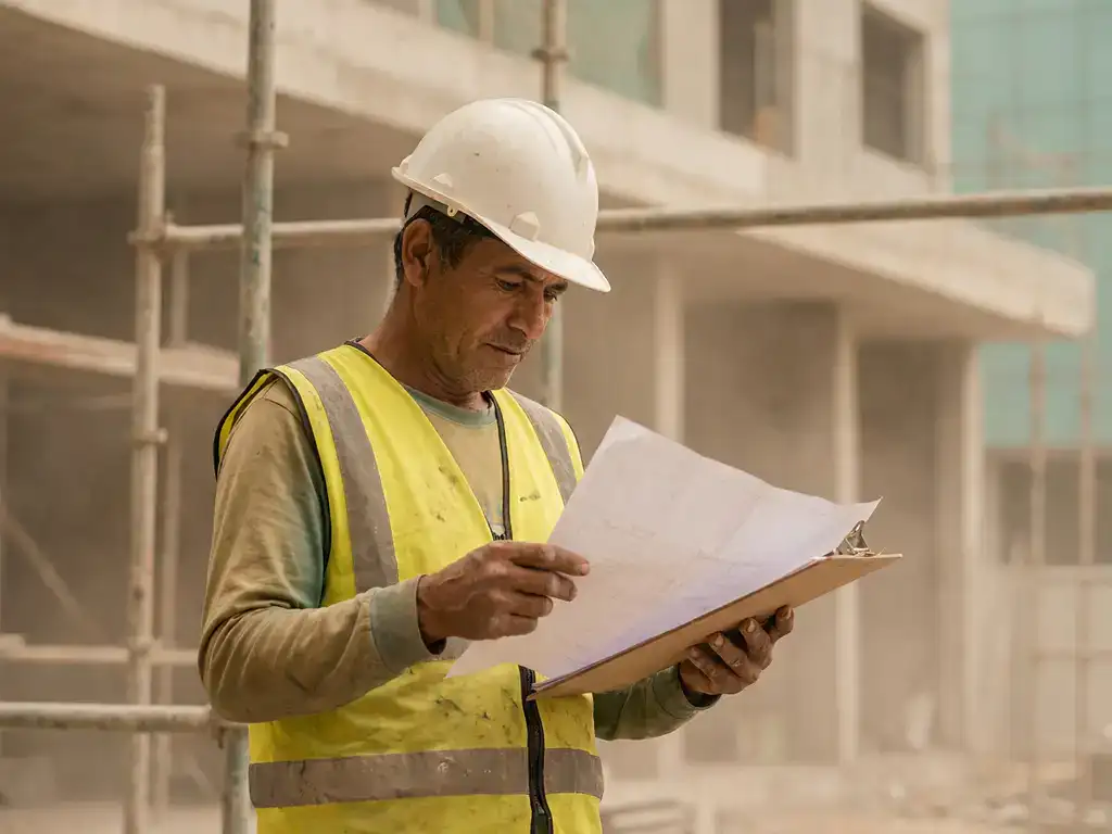 Migrerende bouwvakker in veiligheidsvest en helm bestudeert document op bouwplaats met steigers en betonstructuur op achtergrond.