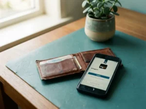Versleten leren portemonnee op bureau naast Nederlands identiteitsbewijs en smartphone met DigiD-inlogscherm.