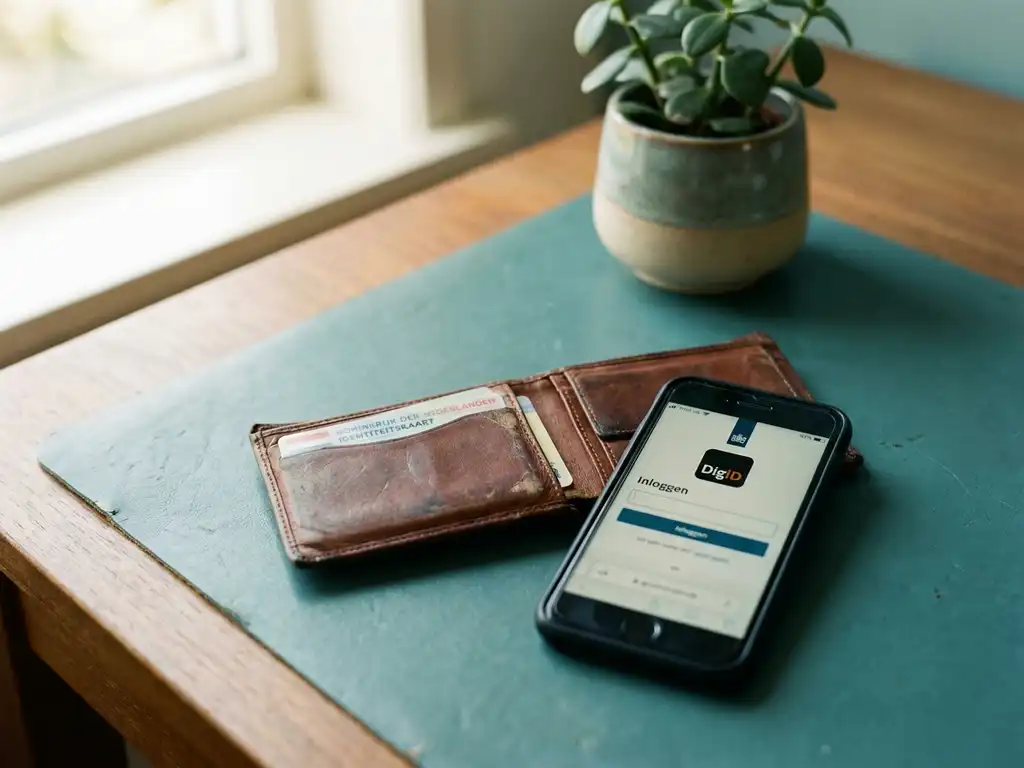 Versleten leren portemonnee op bureau naast Nederlands identiteitsbewijs en smartphone met DigiD-inlogscherm.