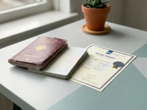 Opengeslagen EU-paspoort naast een Nederlands werkvergunningsdocument op een modern bureau, met een klein kamerplantje op de achtergrond.