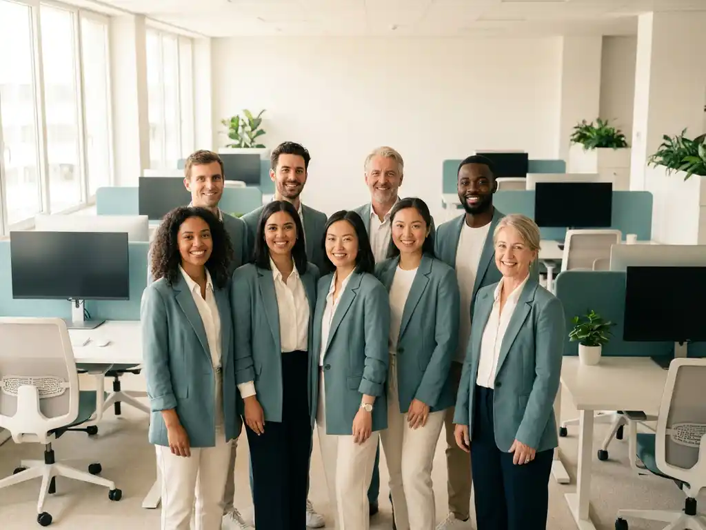 Diverse collega's in professionele kleding staan samen in een licht modern Nederlands kantoor met gelijke werkplekken op de achtergrond.