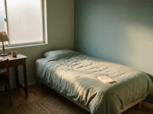 Nette gemeubileerde huurkamer met eenpersoonsbed, houten bureau en loonstrookje op het matras, zacht middaglicht.