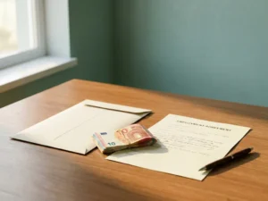 Loonzakje met eurobiljetten naast een arbeidsovereenkomst en pen op een houten bureau, zacht tintgroen licht op de achtergrond.