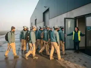 Diverse groep werknemers in werkkleding en helmen arriveert bij moderne Noord-Nederlandse magazijningang in vroege ochtendmist.