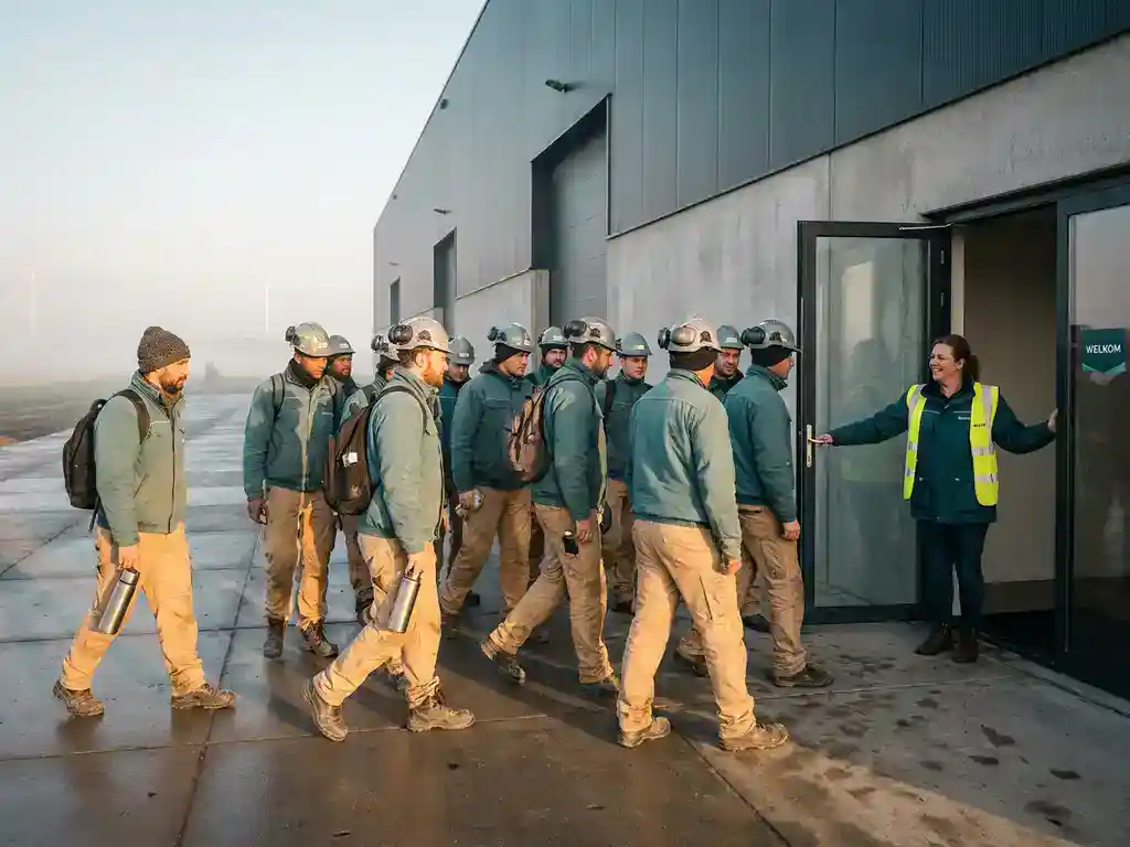 Diverse groep werknemers in werkkleding en helmen arriveert bij moderne Noord-Nederlandse magazijningang in vroege ochtendmist.
