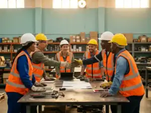 Diverse collega's in veiligheidshelmen en hesjes overleggen aan werktafel op actieve magazijnvloer.