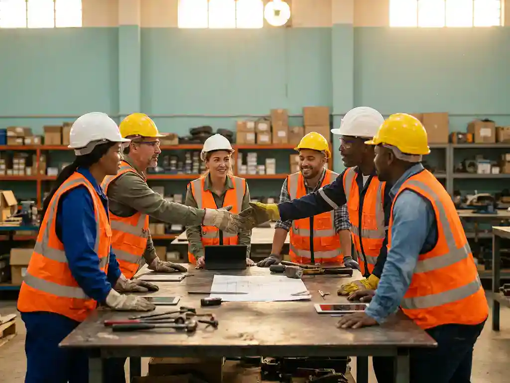 Diverse collega's in veiligheidshelmen en hesjes overleggen aan werktafel op actieve magazijnvloer.