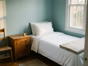 Nette slaapkamer voor arbeidsmigranten met wit beddengoed op eenpersoonsbed en huissleutel op houten nachtkastje.