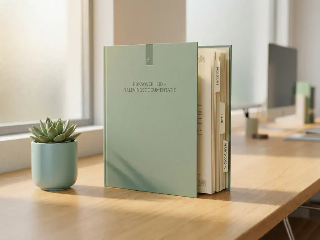 Open nalevingsdocument van de Nederlandse overheid op een modern bureau met klein kamerplantje en zacht natuurlijk licht.