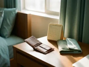 Versleten leren portemonnee open op bureau naast kalender en reisdocument, zacht ochtendlicht in gedempte teint- en saliegroen tinten.