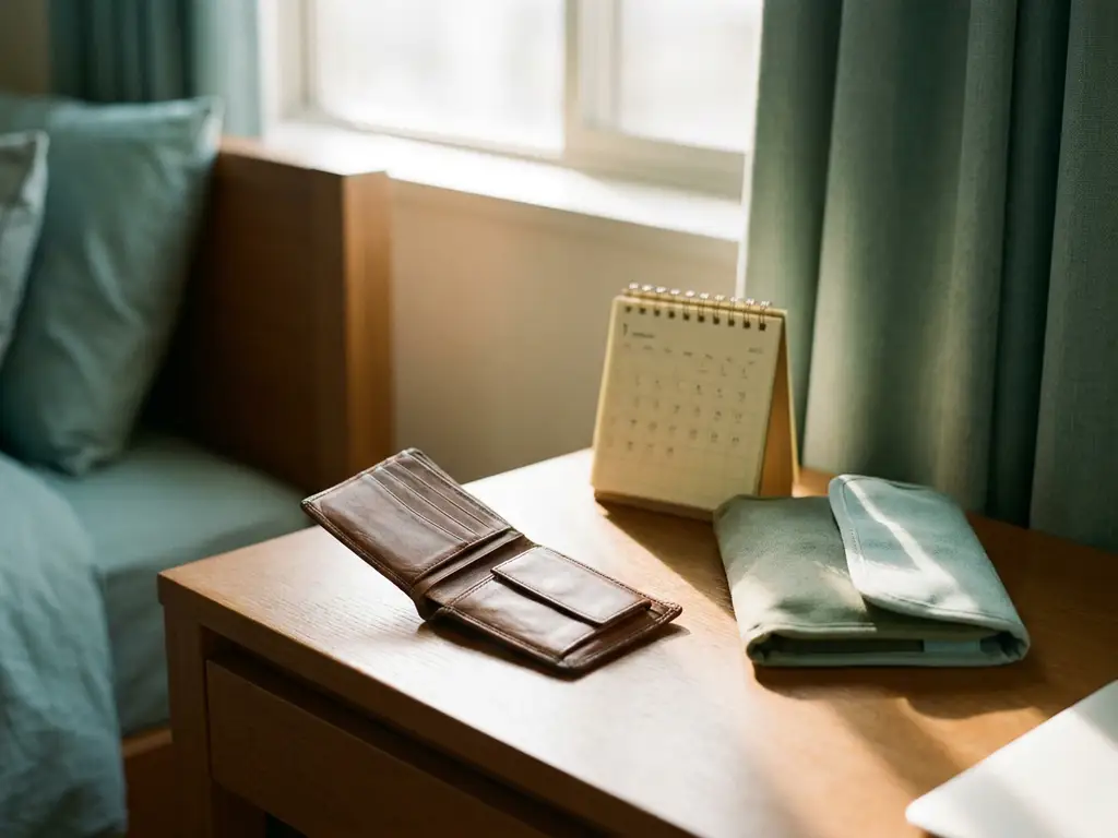 Versleten leren portemonnee open op bureau naast kalender en reisdocument, zacht ochtendlicht in gedempte teint- en saliegroen tinten.