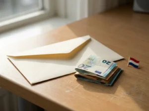 Loonstrook envelop met eurobiljetten en Nederlandse vlagpenspeld op houten bureau, zachte natuurlijke belichting.